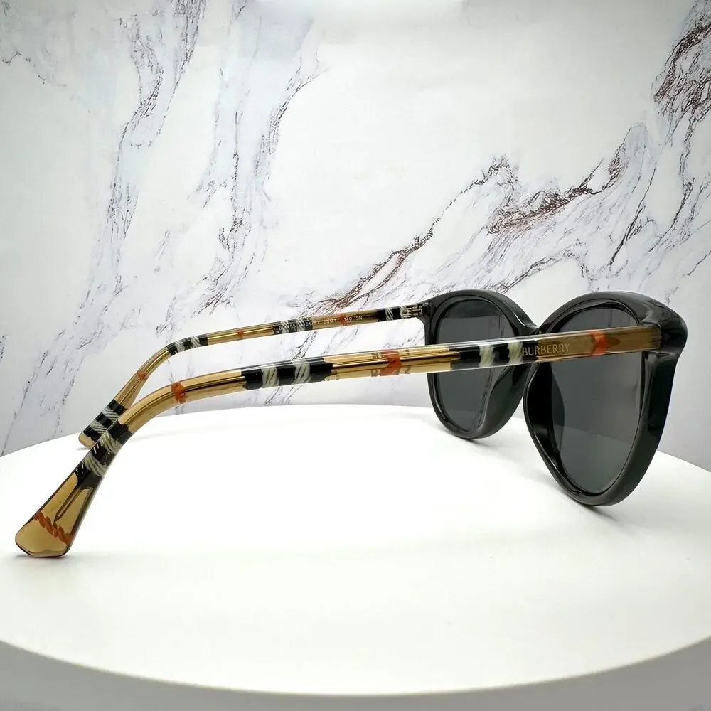 New Burberry Sunglasses Black Front Round Pantos Frame Checkered Arms Gray Lens - Picture 5 of 16